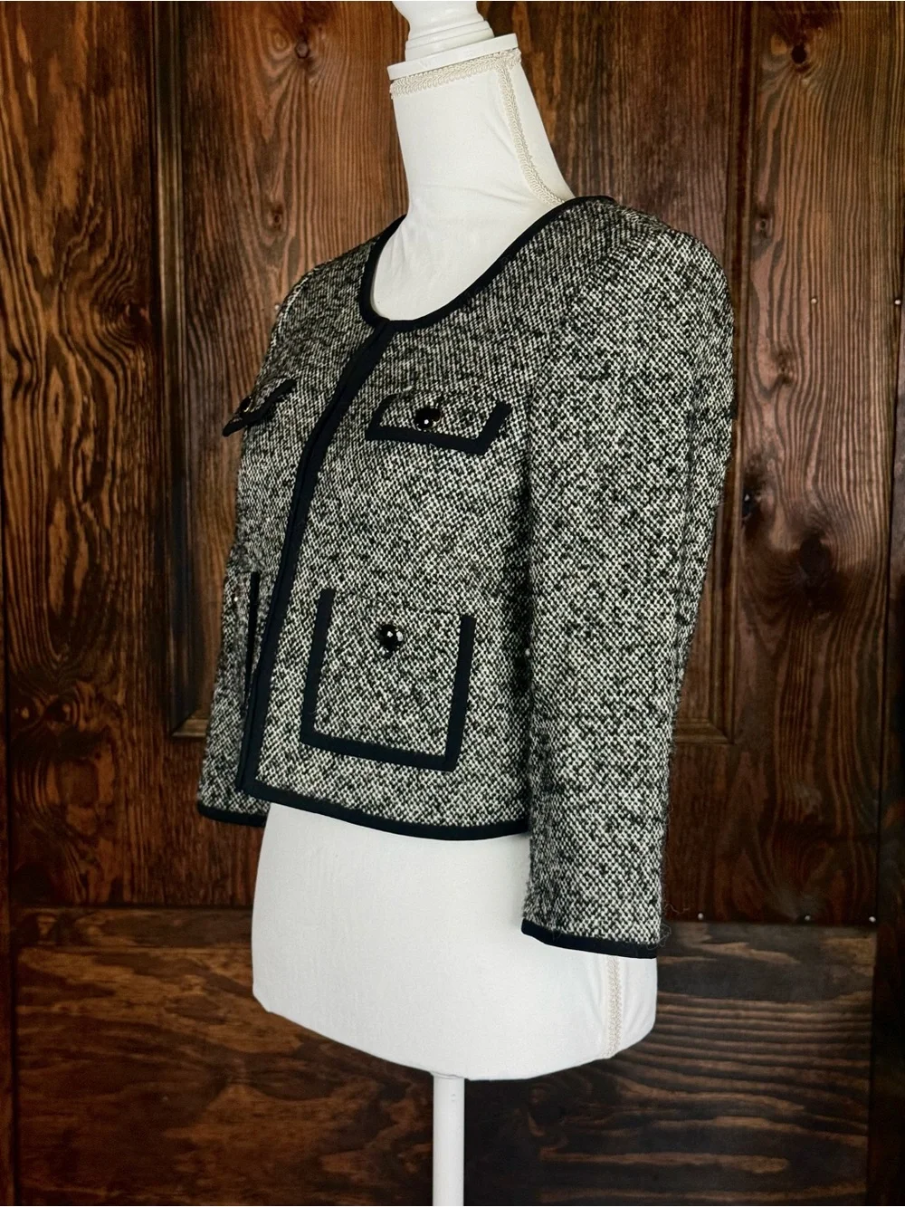 kate spade Black and White Tweed Trimmed Cropped Blazer
